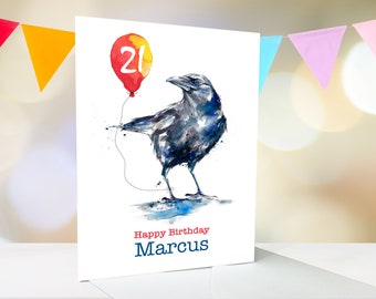 Crow personalised birthday card for him or her, any name and age, 5x7, greeting card, 10th, 16th, 18th, 21st, 30th, 40th 50th, 70th, UK shop