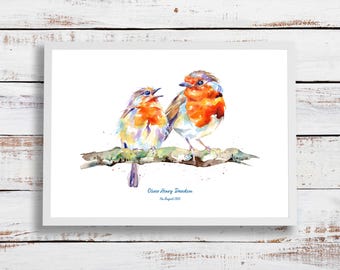 New baby gift - robin portrait - personalised with name and date of birth
