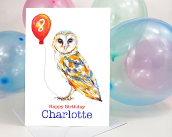 Personalised barn owl birthday card for him her, 5x7, greeting card, any name and age, greeting card, 1st, 10th, 18th, 40th, 60th, UK shop
