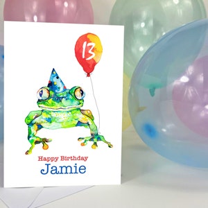 Fun frog personalised birthday card for him or her, any name and age, 5x7, greeting card, 1st, 3rd, 10th, 16th, 18th, 21st, 30 60th, UK shop