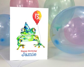 Personalised frog birthday card - Any name and age - Cute animal gift - 1st, 3rd, 10th, 16th, 18th, 21st, 30th, 60th, UK shop