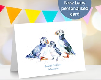 New baby card, puffin design, celebrate the arrival of a new baby, addition to the family, personalised for the perfect keepsake, UK shop