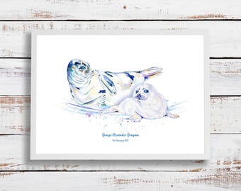 New baby gift - seal portrait - personalised with name and date of birth