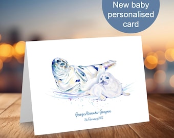 New baby card, seal design, celebrate the arrival of a new baby, addition to the family, personalised for the perfect keepsake, UK shop