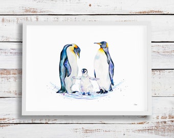 Emperor penguin family giclée print, high quality art print
