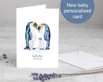New baby card, penguin design, celebrate the arrival of a new baby, addition to the family, personalised for the perfect keepsake, UK shop