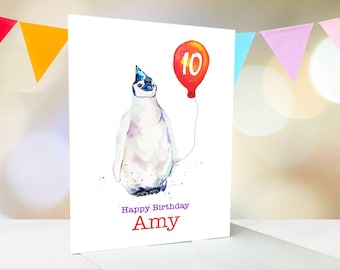 Fun penguin chick personalised birthday card for him or her, any name and age, 5x7, greeting card, 1st, 8th, 21st, 16th, 40th, 70th, UK shop