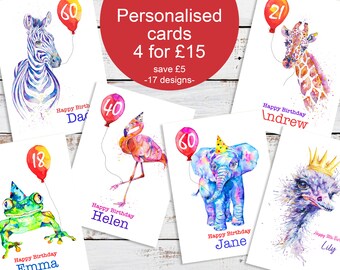Personalised birthday cards for him or her, 4 for 3, any name and age, greeting card, 1st, 3rd, 16th, 18th, 21st, 60th, cute animals UK shop