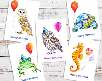 Fun animal birthday card collection for any age, barn owl, little owl, frog, tortoise, seahorse. Individual or multipack option. UK shop