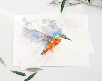Kingfisher - watercolour print, bird painting, abstract wall art