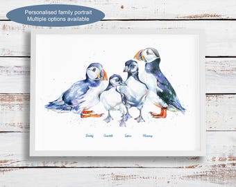 Puffin family print - multiple group options / personalise with any names