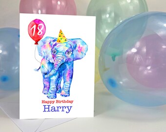 Fun elephant personalised birthday card for him or her, any name and age, 5x7 greeting card, 1st, 3rd, 10th, 16th, 18th, 21st, 50th, 60th UK