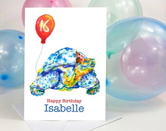 Fun tortoise personalised birthday card for him or her, any name and age, 5x7, greeting card, 1st, 3rd, 10th, 16th, 18th, 21st, 60th UK shop