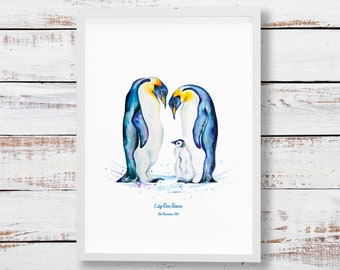 Personalised New Baby Penguin Print - custom watercolour nursery art - new baby gift - animal wall decor for kids room