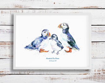 New baby gift - puffin family portrait - personalised with name and date of birth