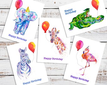 Fun exotic animal birthday card collection, any age, elephant zebra giraffe flamingo crocodile. Individual or multipack option, UK shop