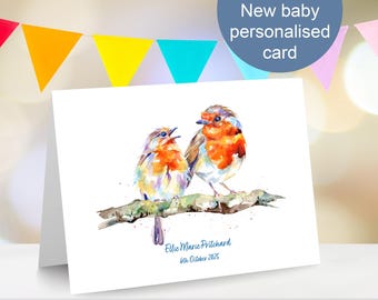 New baby robin card, celebrate the arrival of a new baby with this beautiful personalised card, UK shop