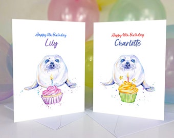 Fun seal pup personalised birthday card for him or her, any name and age, 5x7, greeting card 1st, 5th, 12th, 16th,21st, 18th, 40th, UK shop
