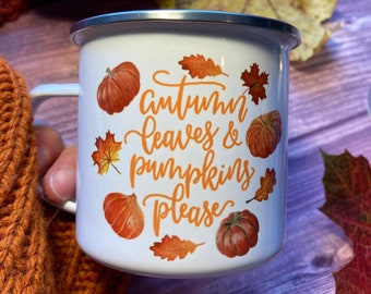Taza con hojas de otoño y calabazas esmaltadas, taza perfecta para los amantes del otoño, taza con hojas de otoño, taza con calabaza, hermosa taza de otoño, taza perfecta para el otoño