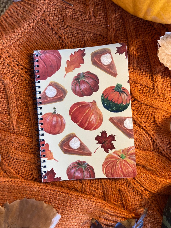 Notebook A5 Lined, Autumn leaves, pumpkins and pumpkin pie slices, perfect autumn notebook, fall lovers notebook, autumn notebook, fall book