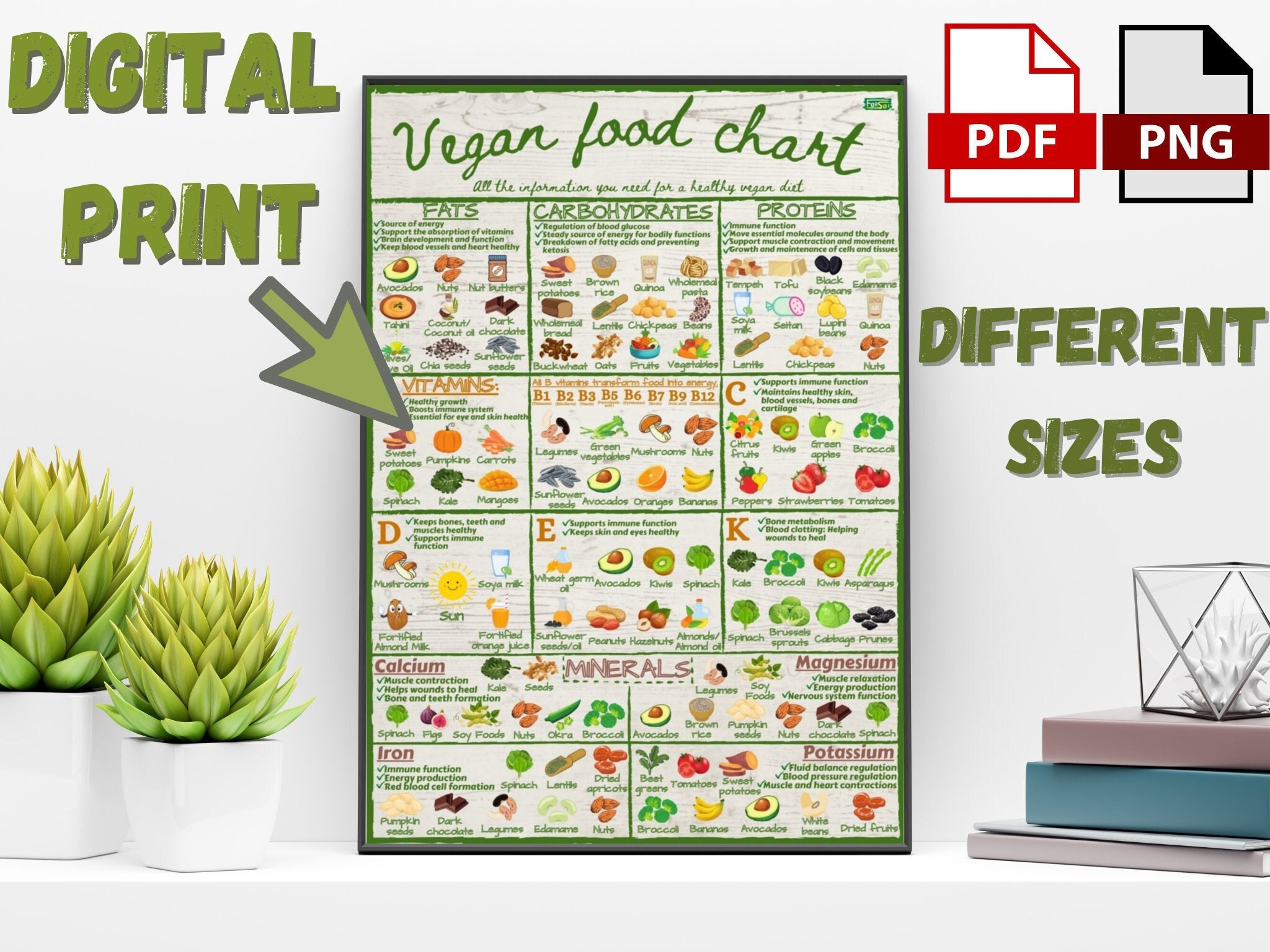 Healthy Vegan Food Chart PRINTABLE Informative Nutrition Vitamins Minerals Chart Stylish