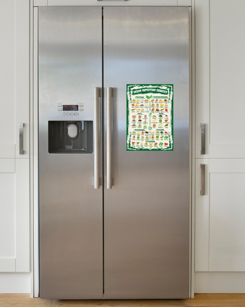 Puede incluir: Un refrigerador de acero inoxidable con interior blanco. Un p&oacute;ster verde y blanco con el texto "VEGAN NUTRITION SOURCES" est&aacute; adherido a la puerta del refrigerador. El p&oacute;ster muestra varios alimentos categorizados por nutrientes.