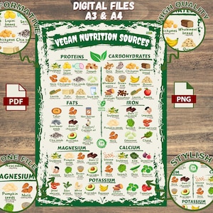 Puede incluir: Un colorido gr&aacute;fico de fuentes de nutrici&oacute;n vegana con ilustraciones de prote&iacute;nas, carbohidratos, grasas, hierro, magnesio, calcio y potasio. Disponible en archivos digitales A3 y A4.