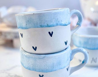 Ceramic mug - turquoise - white - black hearts - hand-painted - blue mug - mint coffee mug with confetti - gift idea for Mom