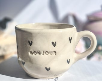 Ceramic mug Bonjour - black hearts handmade - with handle, gift idea for mom, grandma, friends - hand-painted