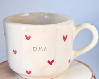 Handmade mug with hearts, cup with handle, ceramic, gift for mom/grandma