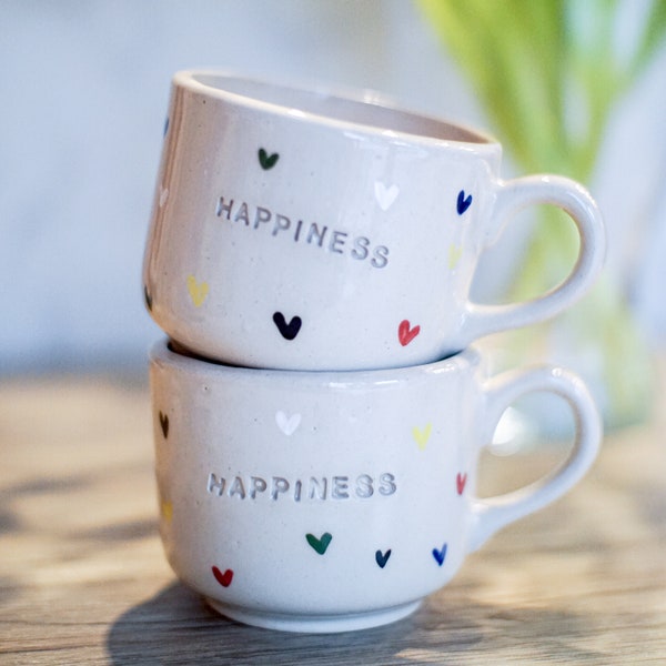 Cup made of pottery with hearts, mug without handle, handmade, pottery made of ceramics, inscription, hand-made gift idea for mom-grandma