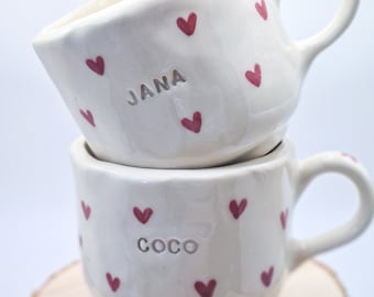 Personalized ceramic mug with hearts, handmade & unique, gift for girlfriend, mom, colleagues, birthday, mug with name