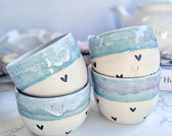 Hand-painted mug with hearts, handleless cup, handmade ceramic, gift idea for mom