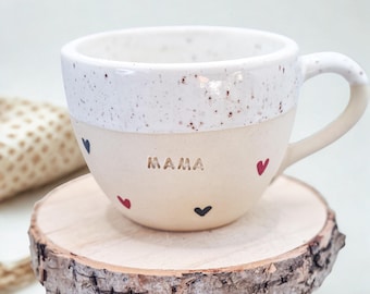 Personalized pottery mug with hearts, hand-painted mug with handle, handmade ceramic, gift idea for mom, grandma, friend