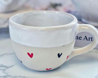 Hand-thrown mug with hearts, mug with handle, handmade, ceramic, hand-painted, gift for mom/grandma