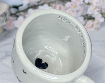 Ceramic mug - personalized mug with handle and black hearts, handmade - gift idea for mom, girlfriend, grandma