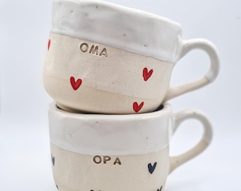 Pottery mug with hearts, mug with handle, handmade, ceramic pottery, gift for grandma, grandpa
