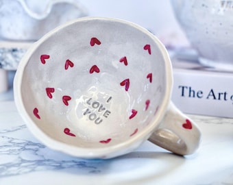 Ceramic mug with red hearts | Handmade mug with handle, hand-painted | Gift idea for mom, best friend, grandma | 300ml