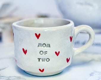 Ceramic mug - "Mom of Two" - with print/inscription, hand-painted mug with handle, handmade gift for mom, girlfriend, grandma