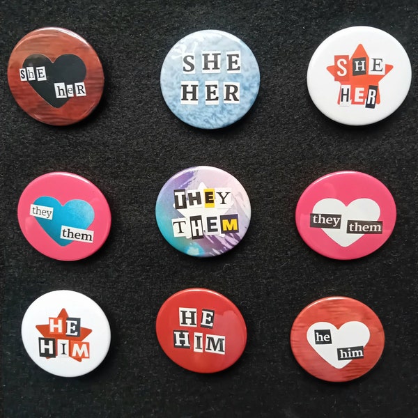 handmade pronoun pin badges!