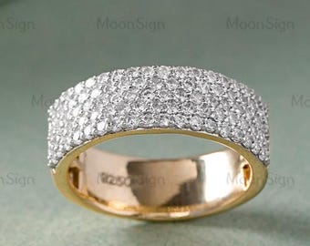 14k Solid Gold Pave Diamond Woman Eternity Band Ring, 5mm Wide Engagement Band Ring, Mens Wedding Band Gift For Her