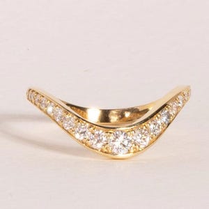 14K Gold Diamond Chevron Ring: Curved Wedding Band, Stackable Moissanite
