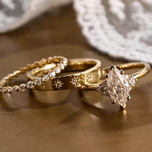Marquise Moissanite Gold Bridal Set, 14k Yellow Gold Star Engraved Matching Wedding Rings