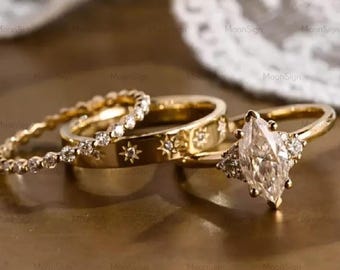 Marquise Moissanite Gold Bridal Set, 14k Yellow Gold Star Engraved Matching Wedding Rings