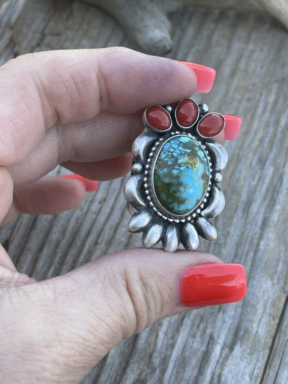 Navajo Sterling Kingman Web Turquoise & Red Coral… - image 2
