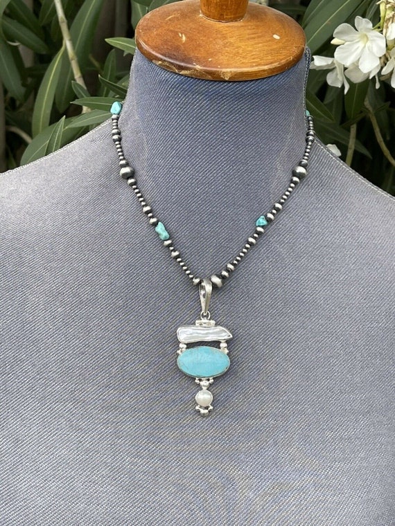 Turquoise & Mother Of Pearl Sterling Silver Navaj… - image 2