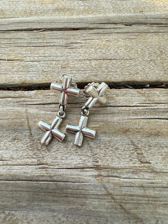 Handmade Sterling Silver Cross Dangle Earrings - image 1