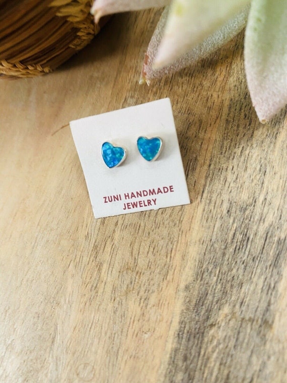 Zuni Blue Opal & Sterling Silver Heart Stud Earri… - image 4