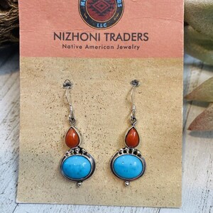 Navajo Turquoise, Coral & Sterling Silver Dangle Earrings