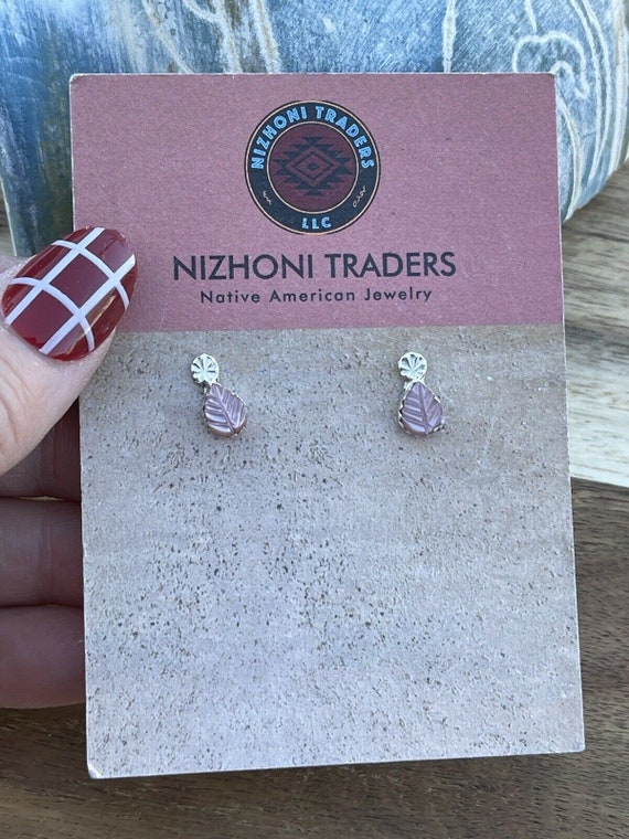 Zuni Sterling Silver & Pink Mussel Shell Leaf Ear… - image 4